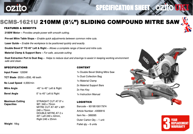 Página 1 del manual Ficha técnica Ozito SCMS-2125U