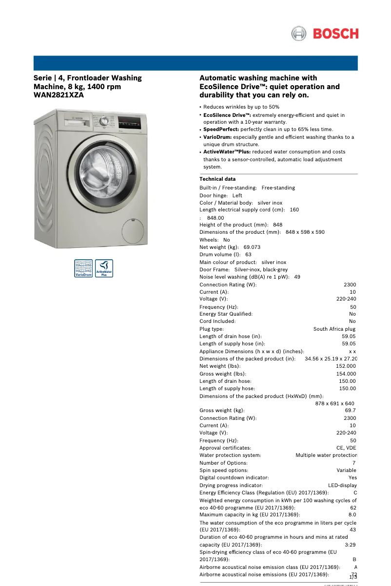 Página 1 del manual Ficha técnica Bosch WAN2821XZA