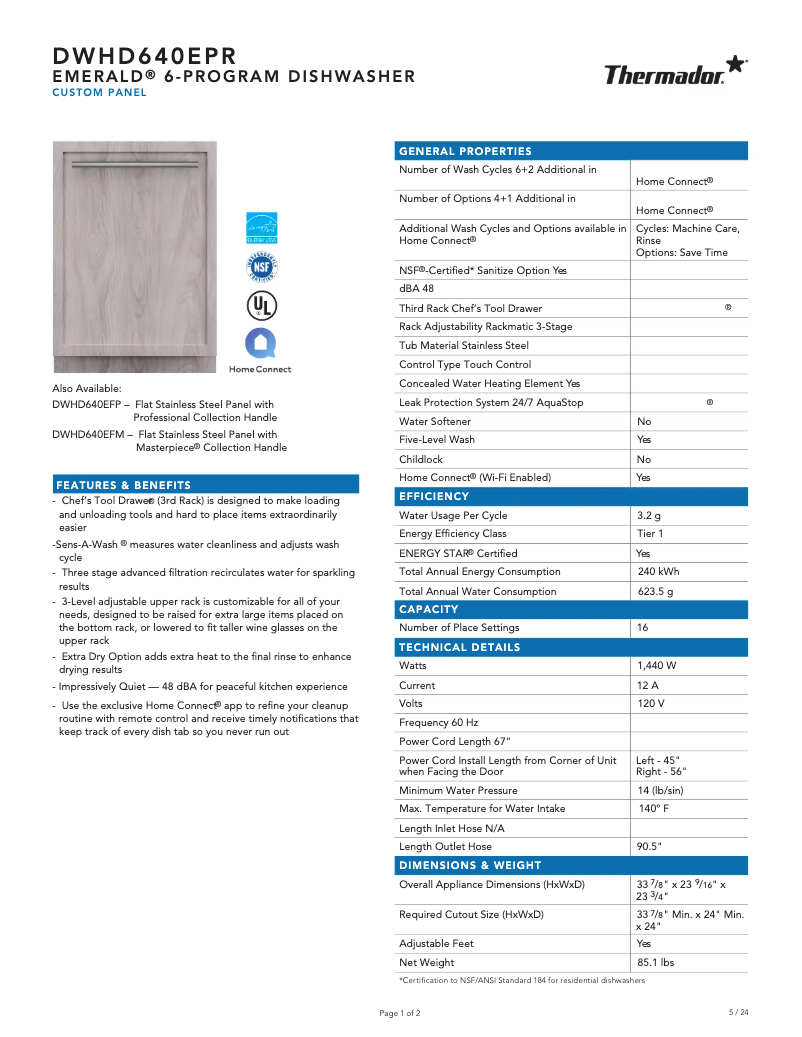 Página 1 del manual Ficha técnica Thermador DWHD640EPR