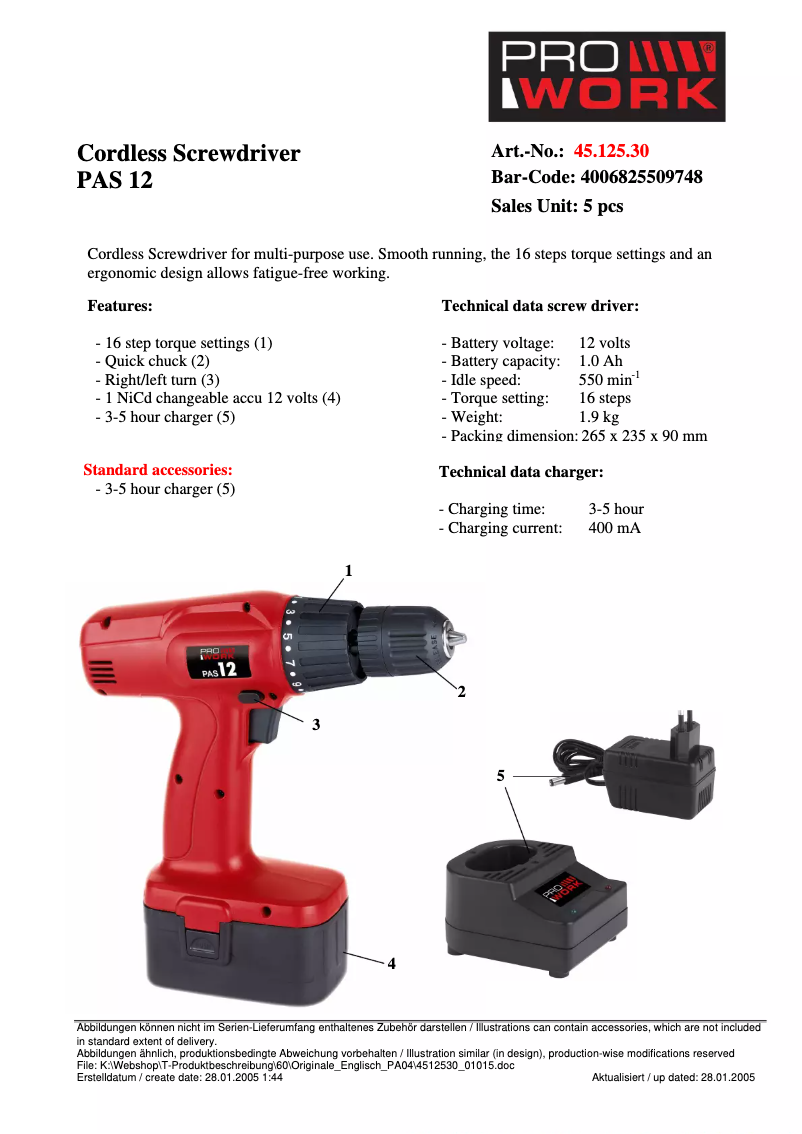 Página 1 del manual Manual de usuario Prowork PAS 12