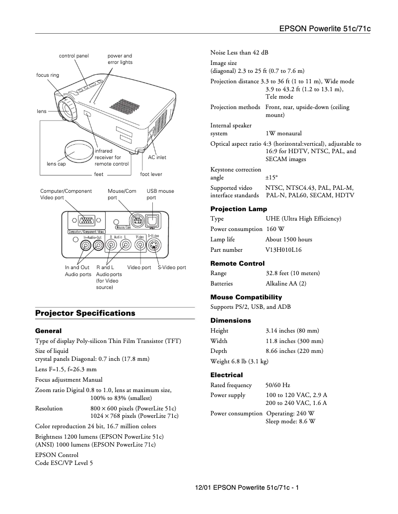 Imagen de la primera página del manual del dispositivo PowerLite 71c