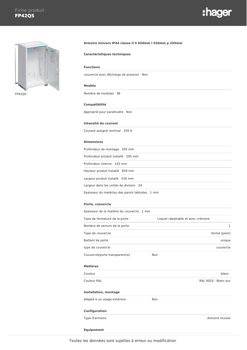 Página 1 del manual Ficha técnica Hager FP42QS