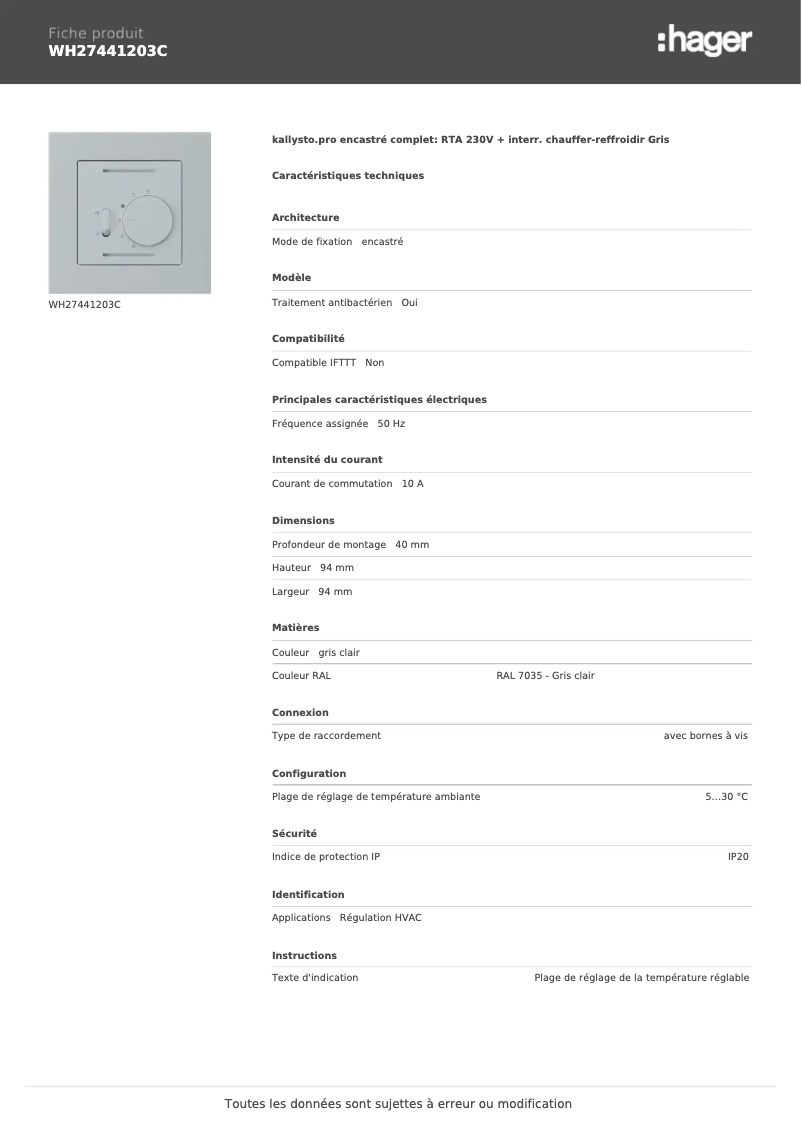 Página 1 del manual Ficha técnica Hager WH27441203C