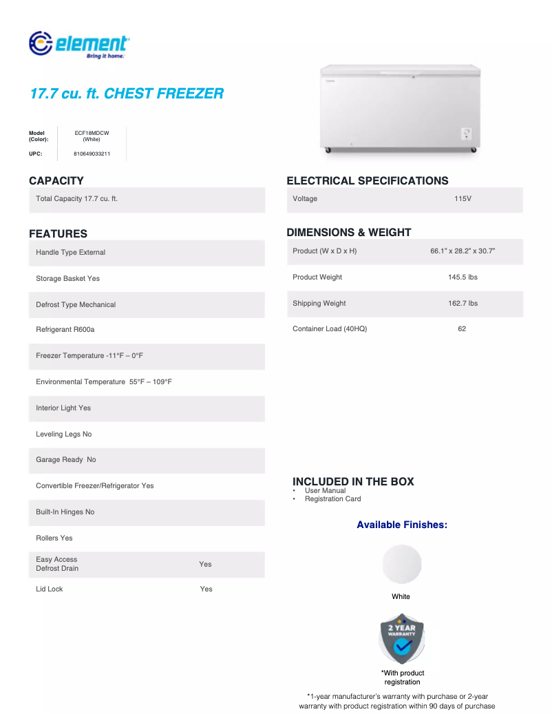 Página 1 del manual Ficha técnica Element ECF18MDCW