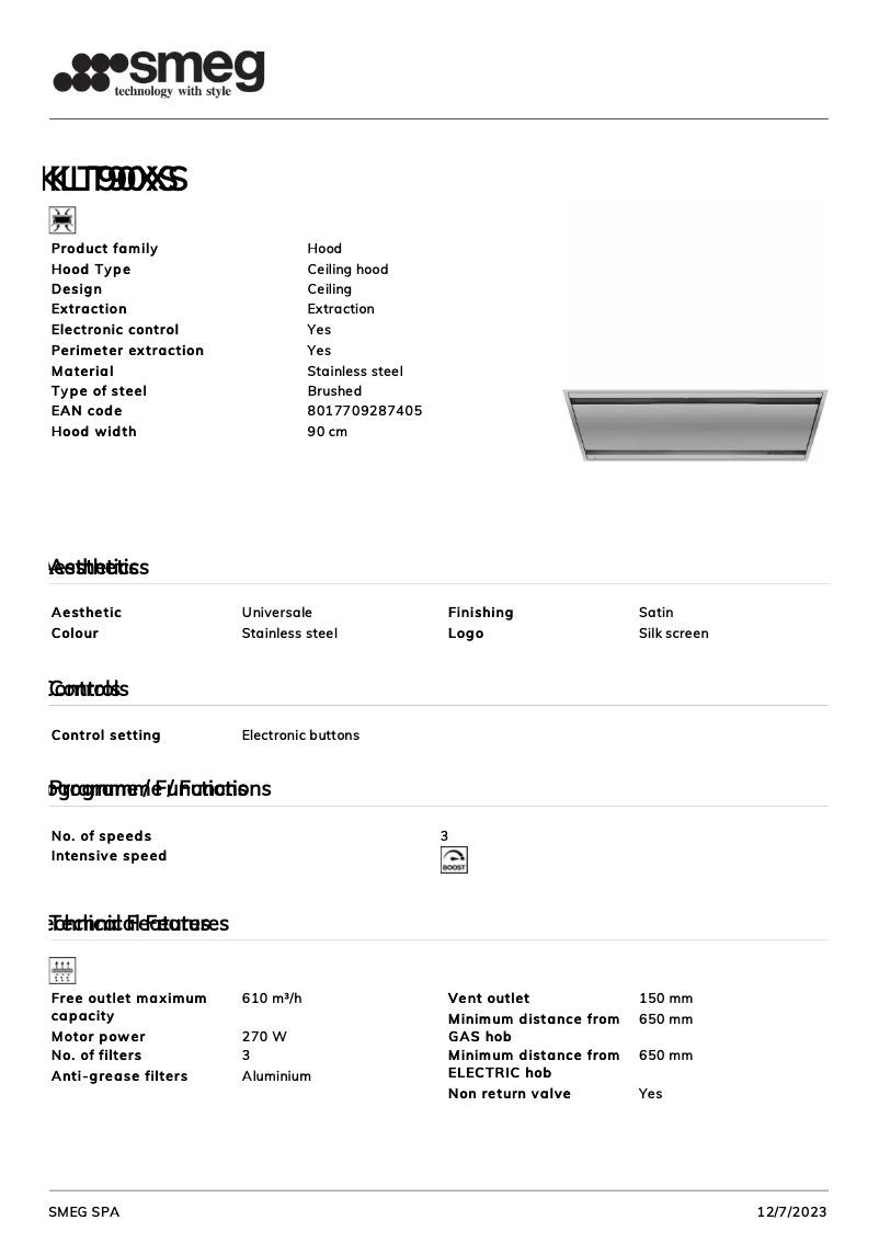 Página 1 del manual Ficha técnica Smeg KLT90XS