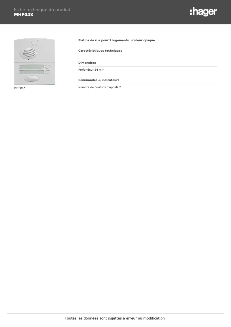 Página 1 del manual Ficha técnica Hager MHF04X