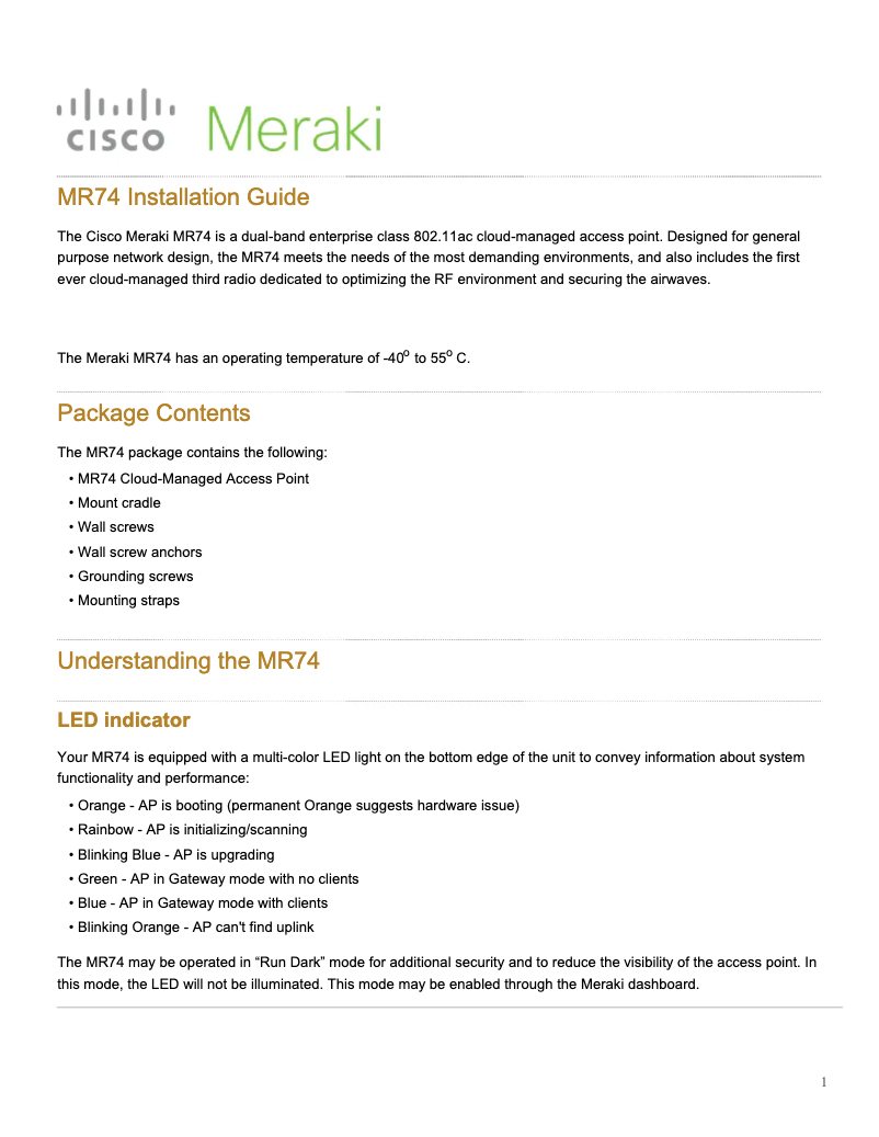 Imagen de la primera página del manual del dispositivo Meraki MR74