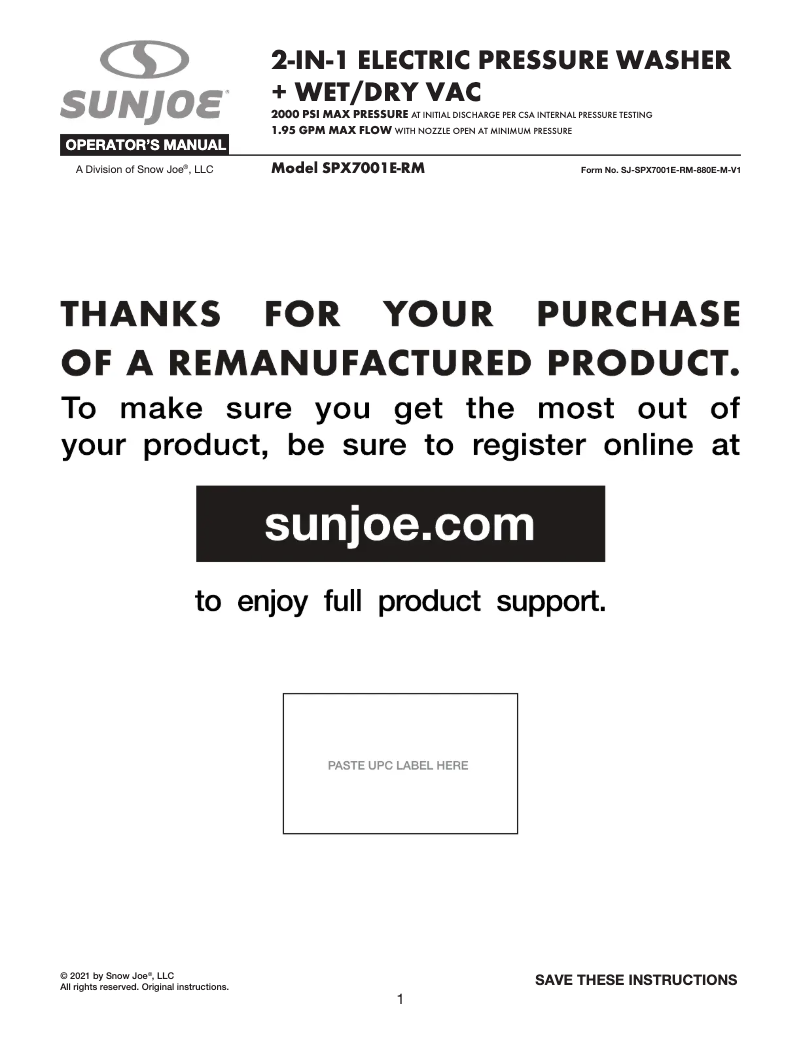 Página 1 del manual Manual de usuario Sun Joe SPX7001E-RM