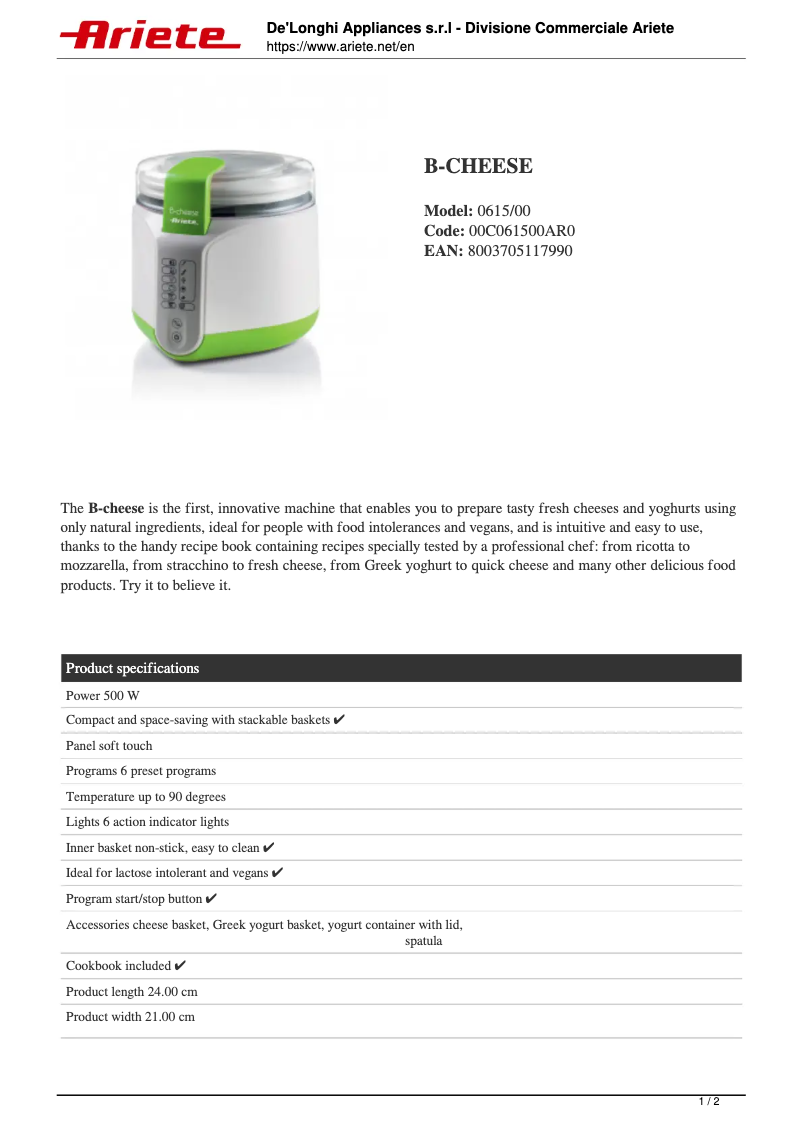 Imagen de la primera página del manual del dispositivo B-cheese 615