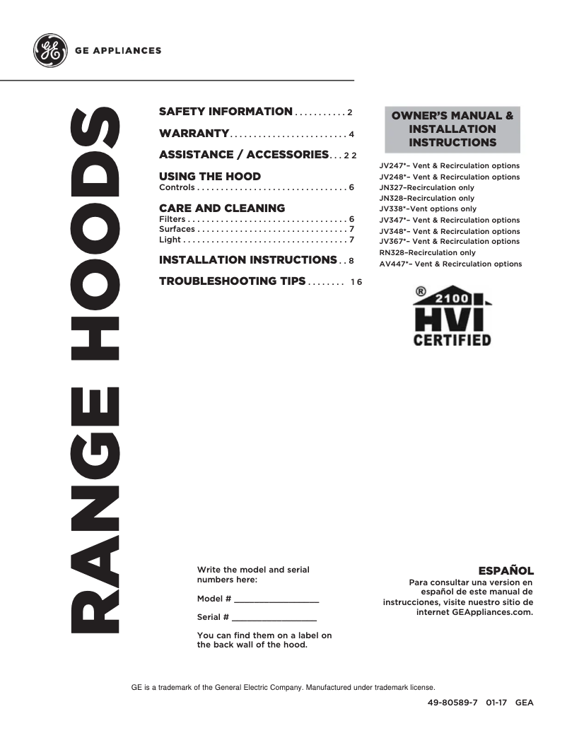 Página 1 del manual Manual de uso y mantenimiento GE JV348LSS