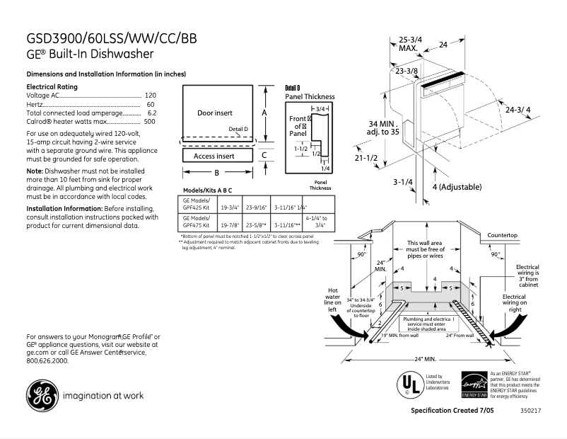 Página 1 del manual Ficha técnica GE GSD3900LBB