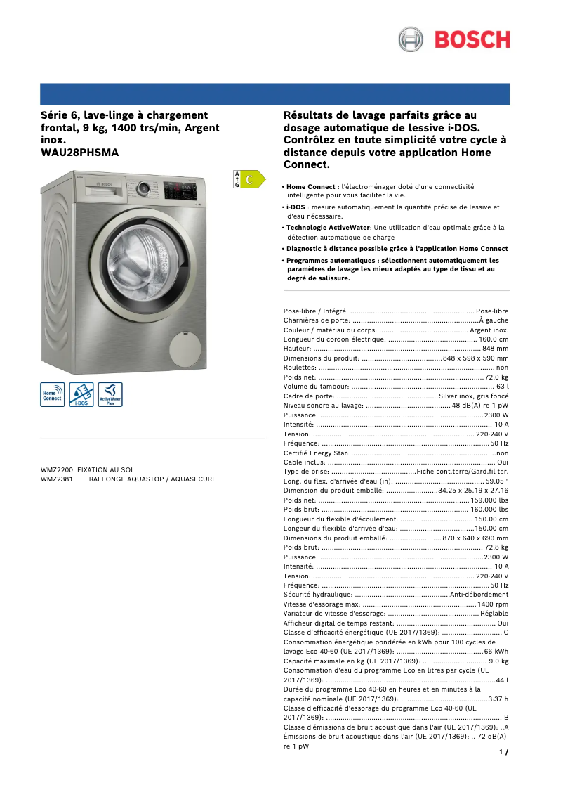 Página 1 del manual Ficha técnica Bosch WAU28PHSMA