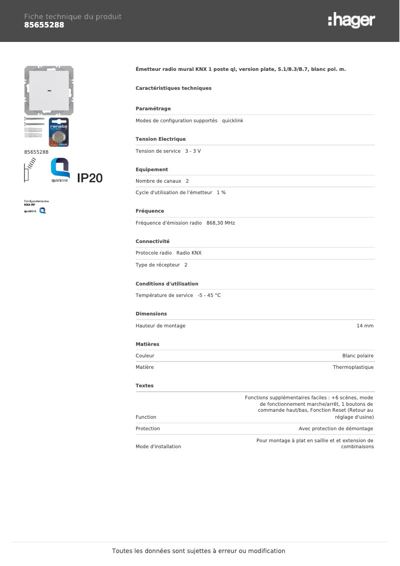 Página 1 del manual Ficha técnica Hager 85655288