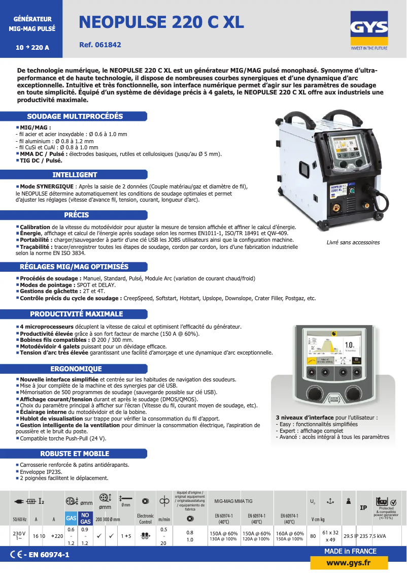 Página nº 1 - Ficha técnica GYS Neopulse 220 C XL