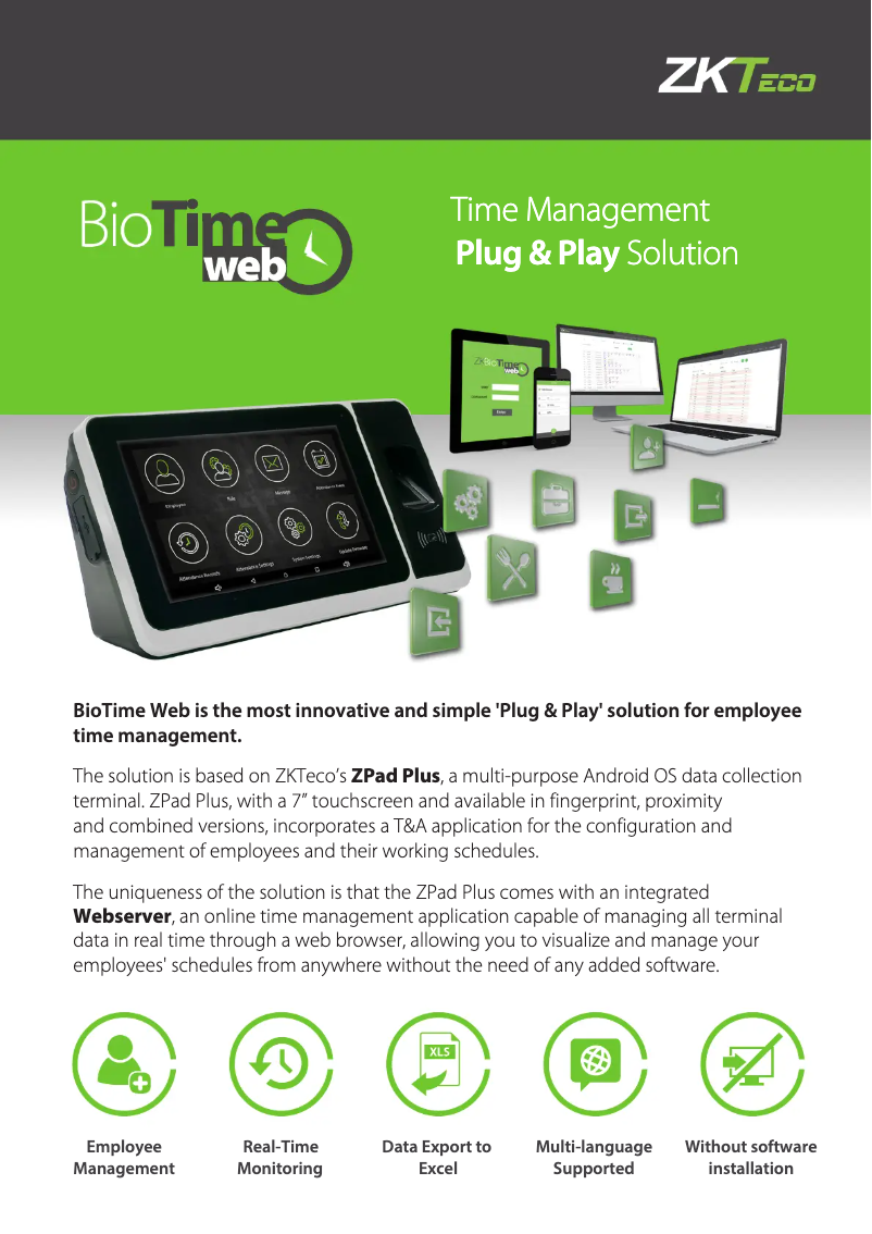 Imagen de la primera página del manual del dispositivo BioTime Web