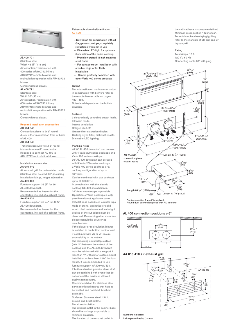 Página 1 del manual Ficha técnica Gaggenau AL400791