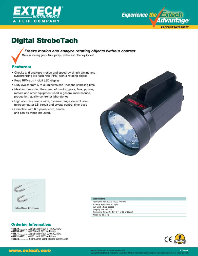 Página 1 del manual Ficha técnica Extech 461830