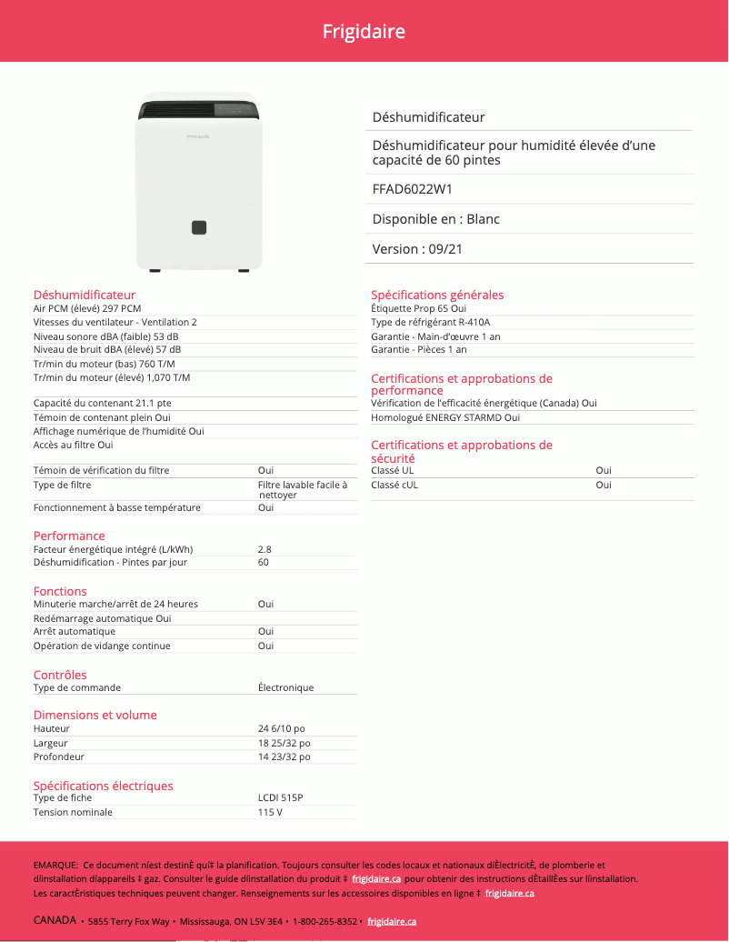 Página 1 del manual Ficha técnica Frigidaire FFAD6022W1