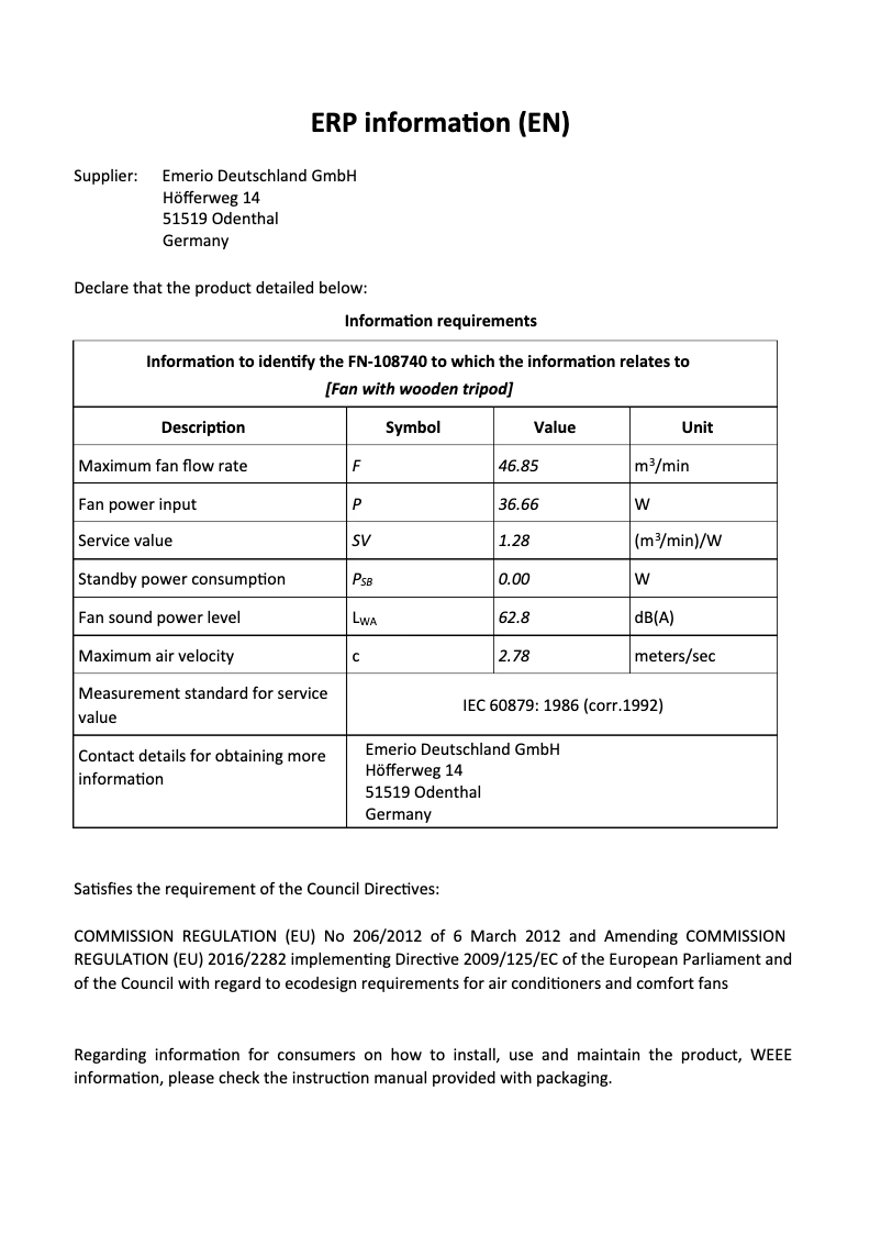 Página 1 del manual Ficha técnica Emerio FN-108740