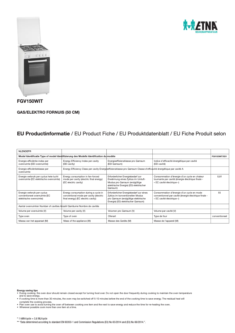 Página 1 del manual Ficha técnica Etna FGV350RVS