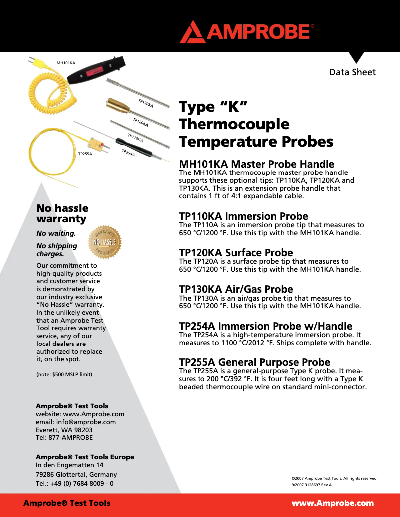 Página 1 del manual Ficha técnica Amprobe TP130KA