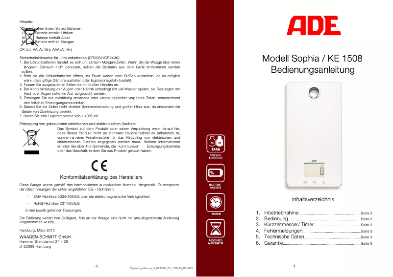 Imagen de la primera página del manual del dispositivo Sophia KE 1508