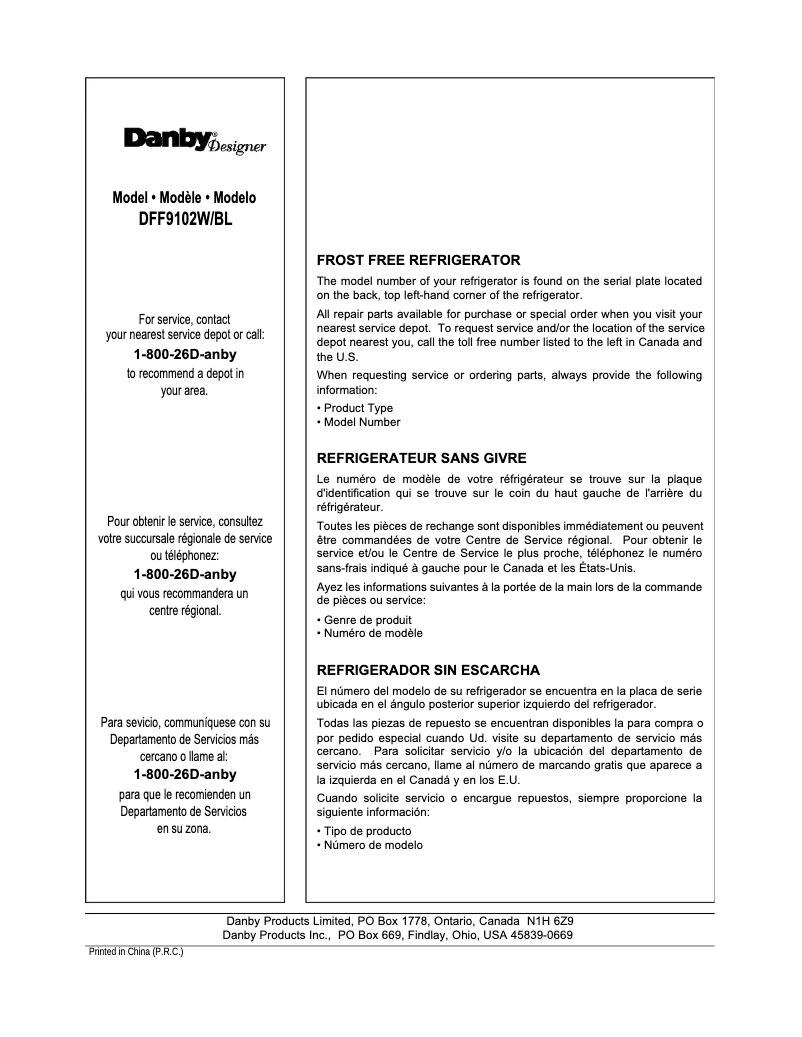 Página nº 1 - Manual de usuario Danby DFF9102W