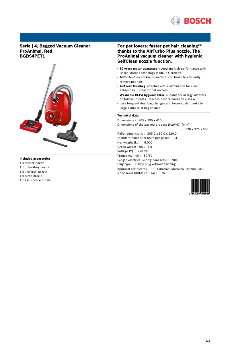 Página nº 1 - Ficha técnica Bosch Serie 4 ProAnimal BGBS4PET1