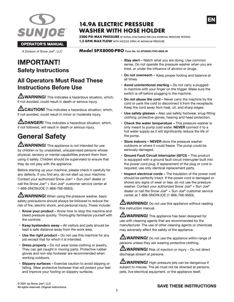 Página nº 1 - Manual de usuario Sun Joe SPX8000-PRO