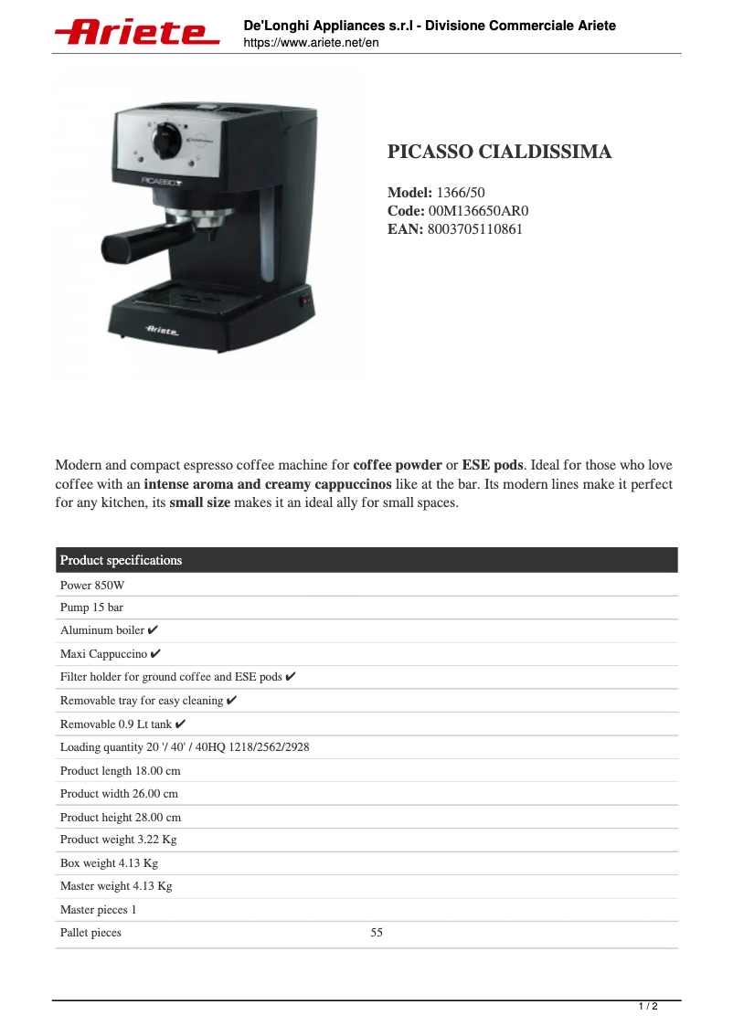 Página 1 del manual Ficha técnica Ariete Picasso Cialdissima 1366