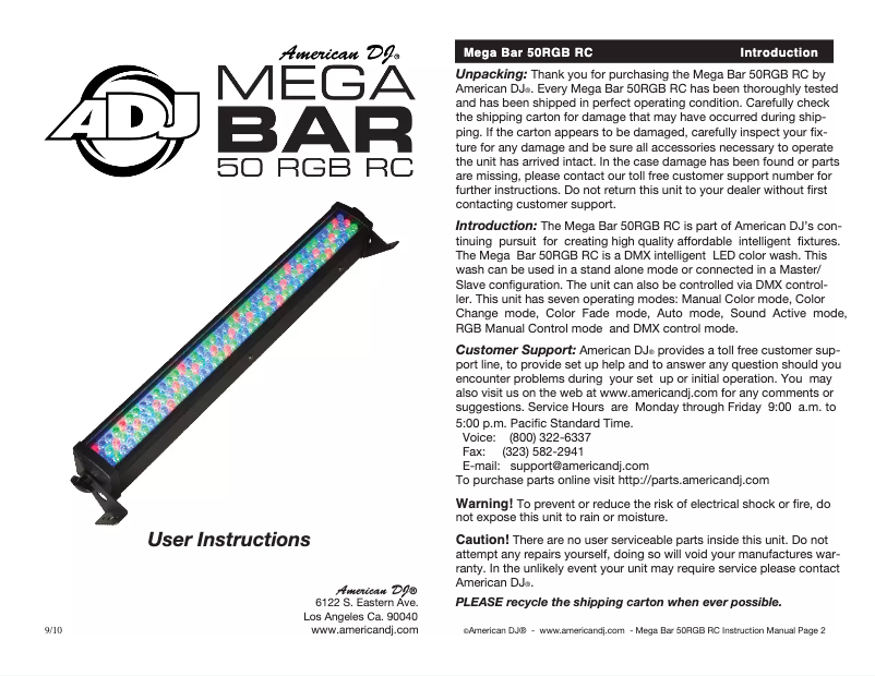 Imagen de la primera página del manual del dispositivo Mega Bar 50 RGB RC