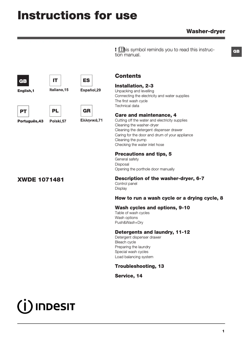 Página 1 del manual Manual de instrucciones Indesit XWDE 1071481XWKKK EU