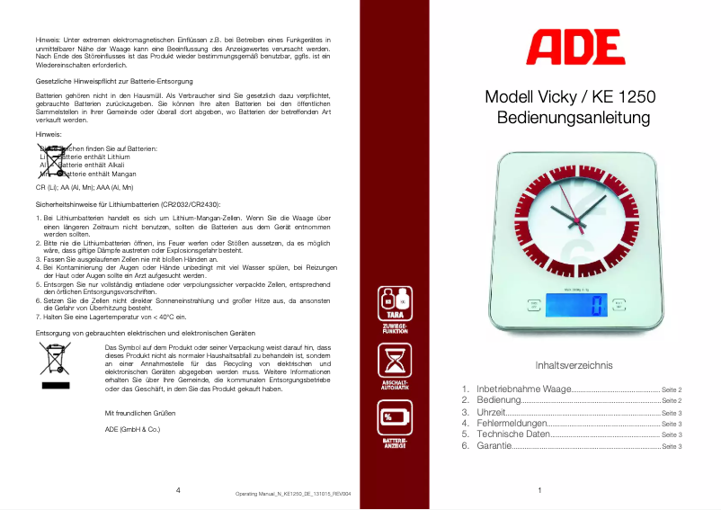 Imagen de la primera página del manual del dispositivo Vicky KE 1250