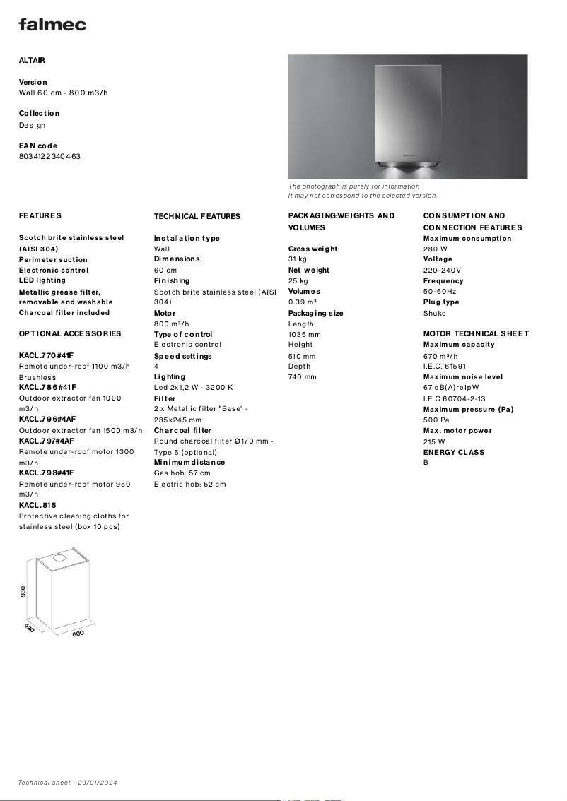 Página 1 del manual Ficha técnica Falmec Altair