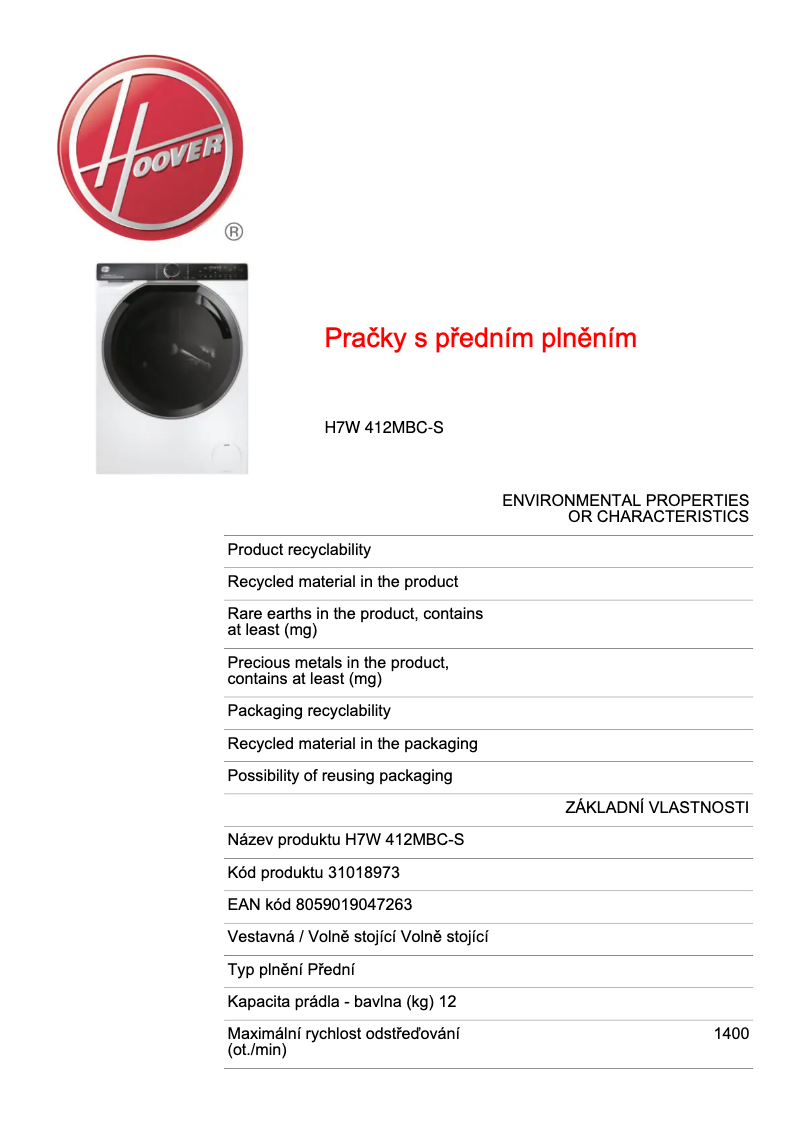 Página 1 del manual Ficha técnica Hoover H7W 412MBC-S