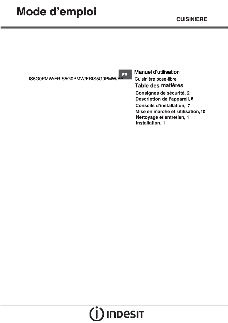 Página nº 1 - Manual de usuario Indesit IS5G0PMW