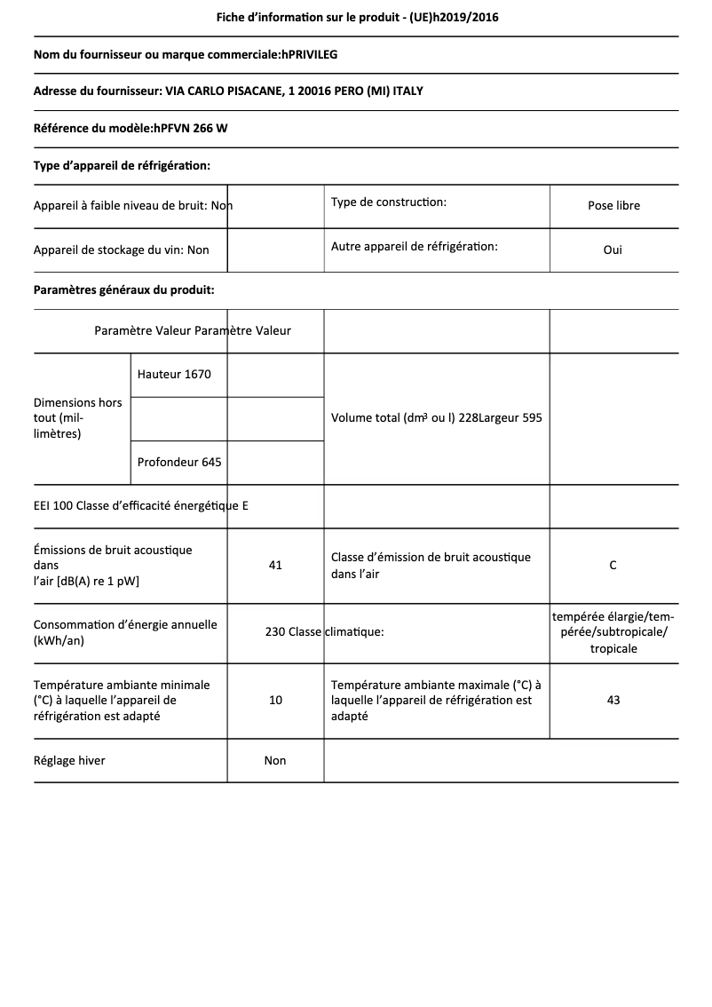 Página 1 del manual Ficha técnica Privileg PFVN 266 W