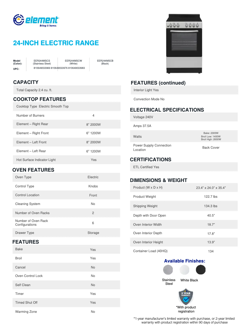 Página 1 del manual Ficha técnica Element EER244MSCB
