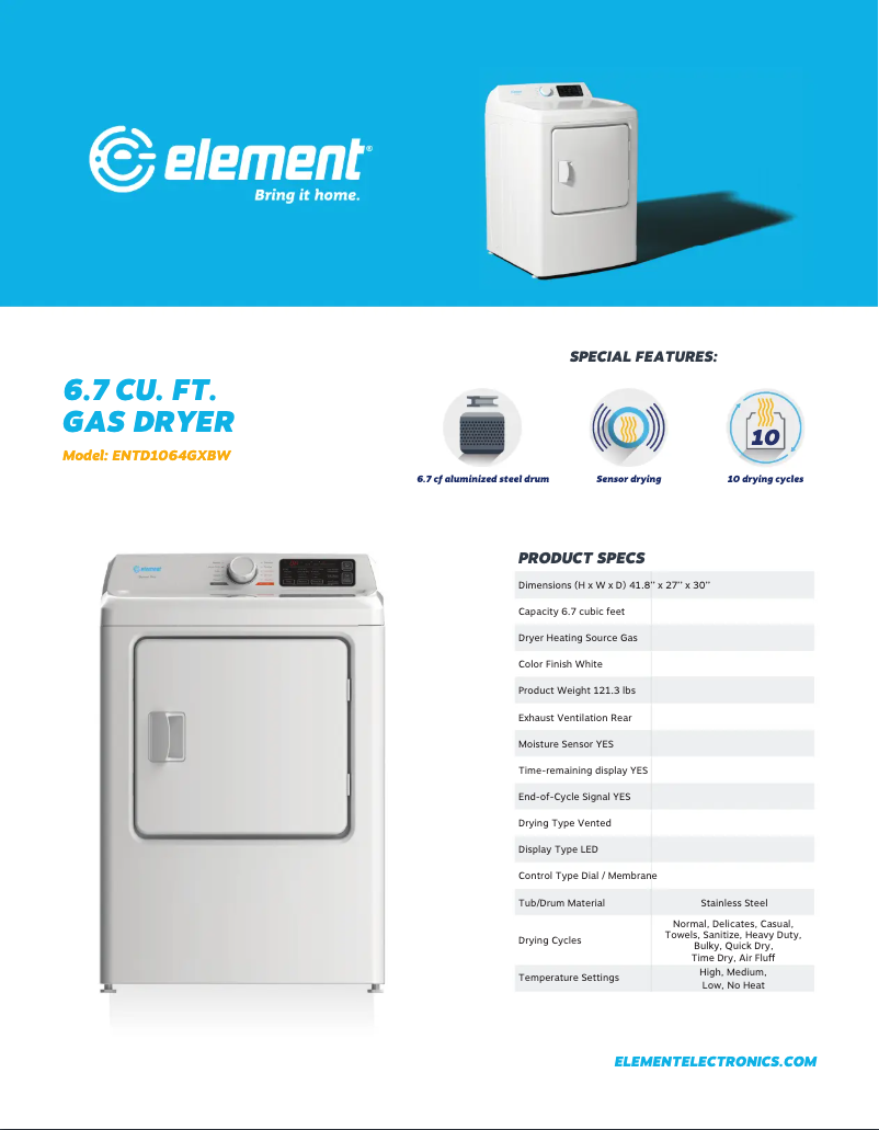 Página 1 del manual Ficha técnica Element ETDG6727CW
