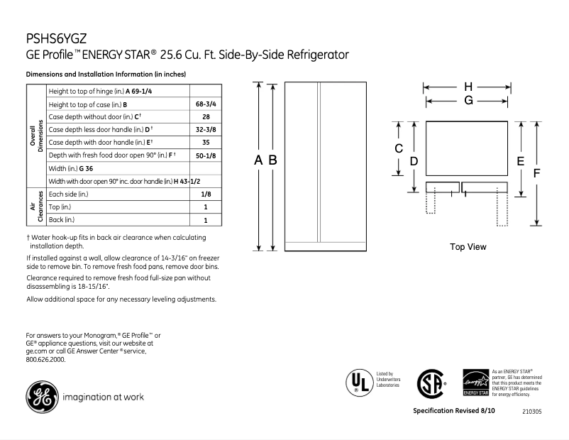 Página 1 del manual Ficha técnica GE Profile PSHS6YGZSS