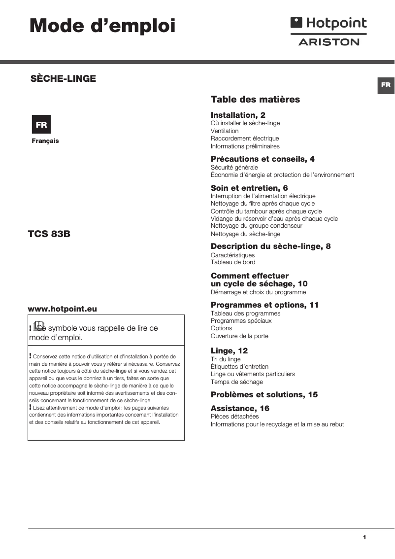 Imagen de la primera página del manual del dispositivo TCS 83B P (FR)