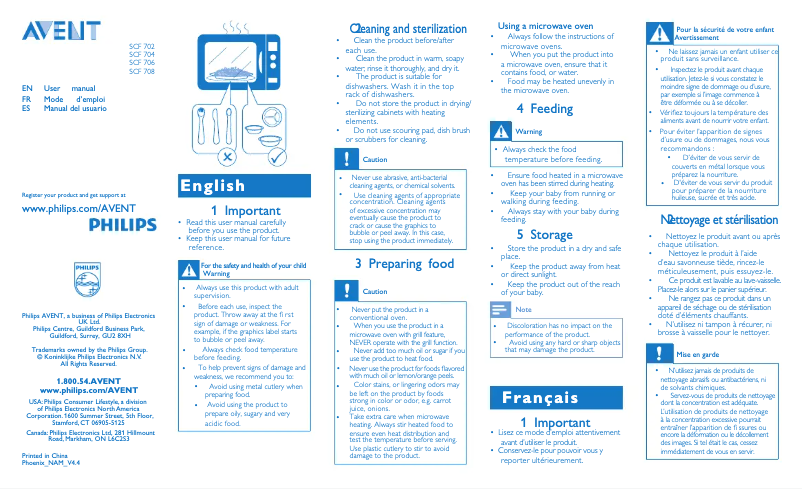 Imagen de la primera página del manual del dispositivo AVENT SCF702