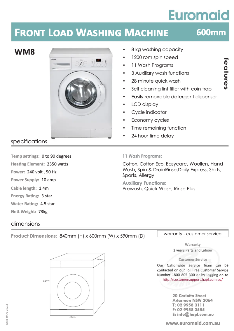 Página 1 del manual Ficha técnica Euromaid WM8