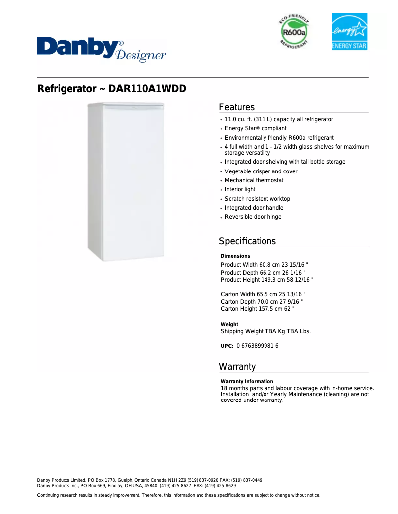 Página 1 del manual Ficha técnica Danby DAR110A1WDD