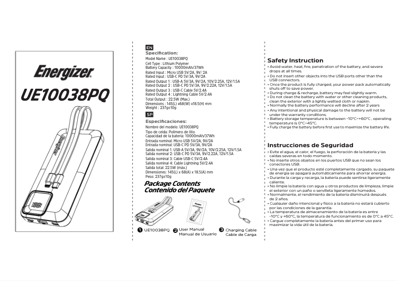 Página nº 1 - Manual de usuario Energizer UE10038PQ