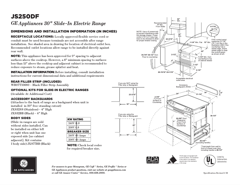 Página 1 del manual Ficha técnica GE JS250DFBB