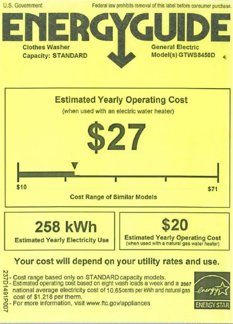 Página 1 del manual Etiqueta energética GE GTWS8450DWS