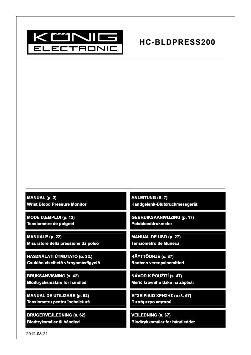Imagen de la primera página del manual del dispositivo HC-BLDPRESS200
