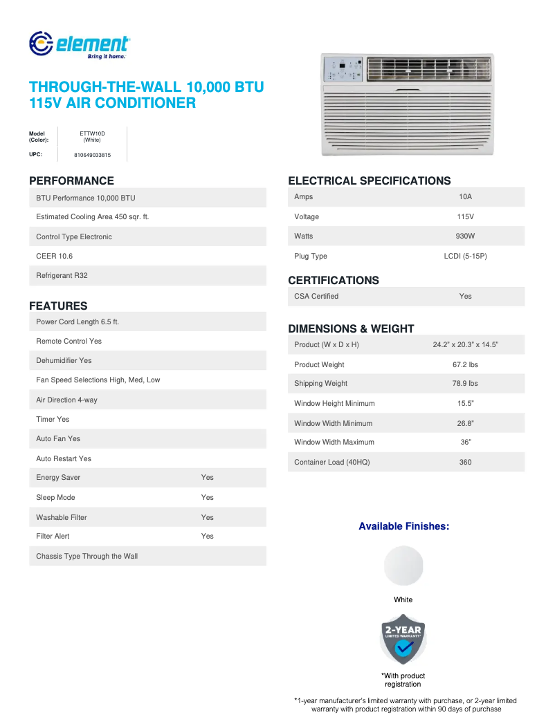 Página 1 del manual Ficha técnica Element ETTW10D