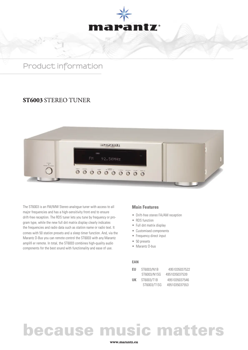 Página 1 del manual Ficha técnica Marantz ST6003